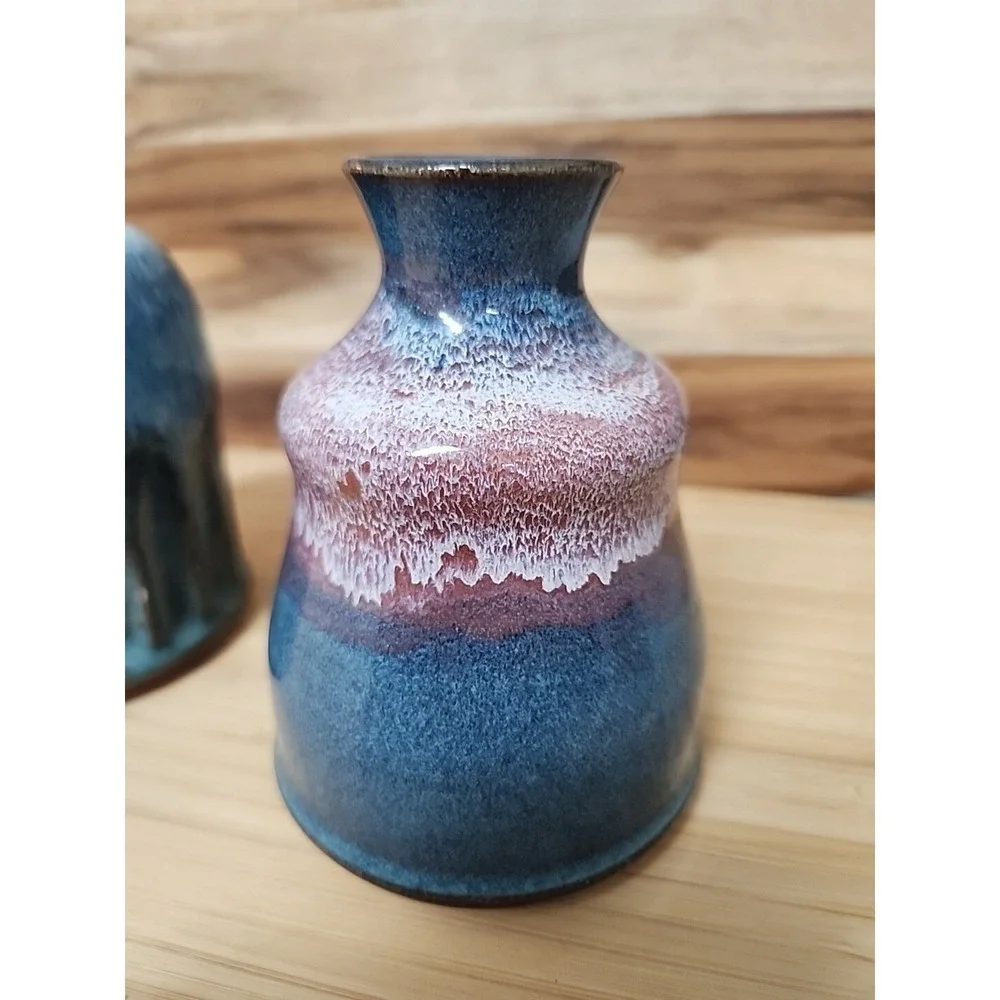 2 Vtg Stoneware Pottery Bud Vases Hand Turned Artist Signed Blue Drip Glaze 5